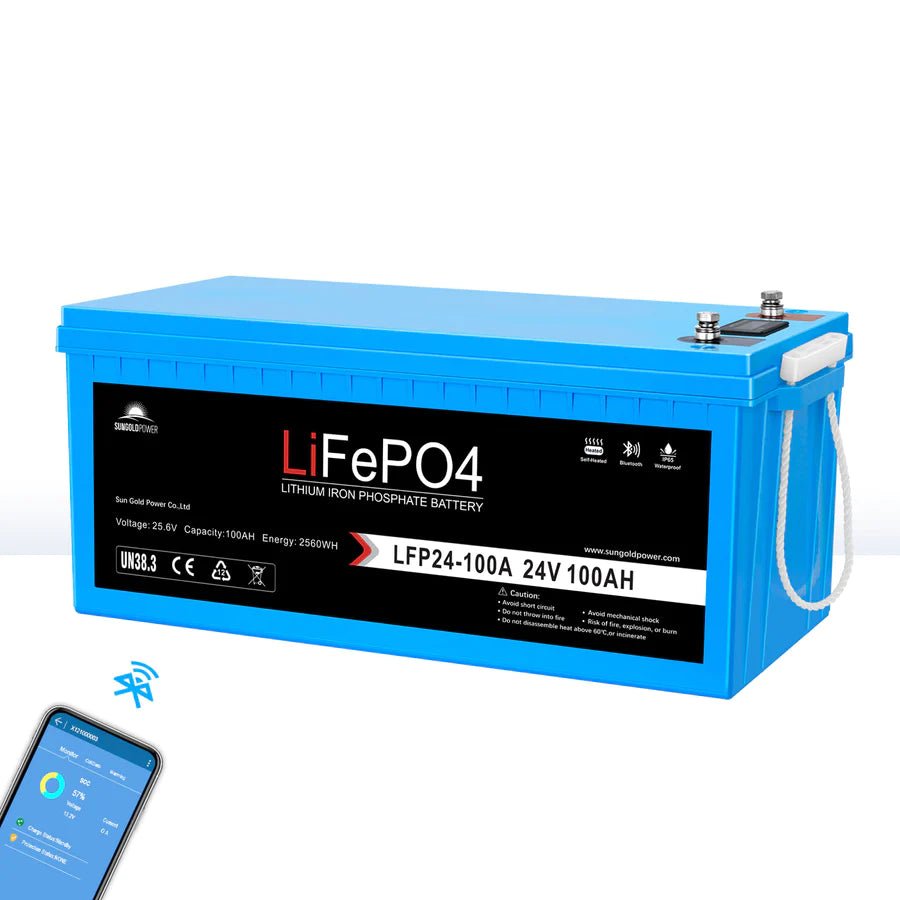 01_27c72ab4-b6cf-4ae6-a2b2-edb5db23b5ed-743085.jpg SunGoldPower 24V 100AH LifePO4 Deep Cycle Lithium Battery Bluetooth / Self-Heating / IP65 - 图片 1